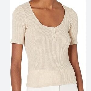 Vince Ribbed Short Sleeve Henley Top Natural Tan